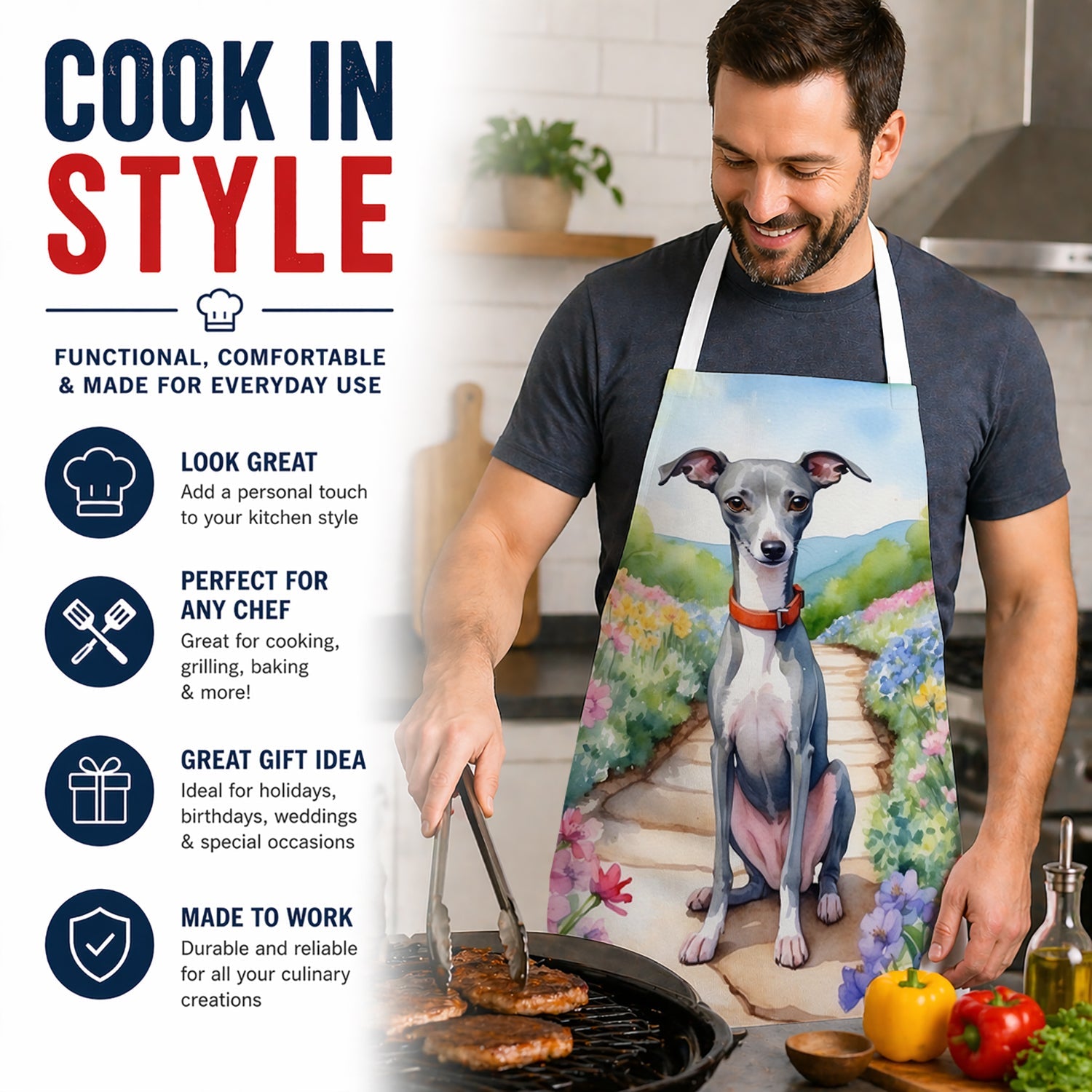 Italian Greyhound Spring Path Apron Cooking Kitchen Server Baking Crafts Gardening for Adult Women Men, Unisex, Large, Multicolor