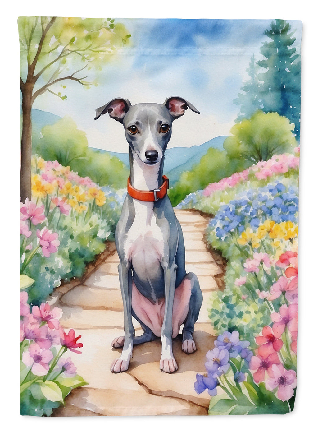 Italian Greyhound Spring Path House Flag 28x40 Porch Sleeve Pole Decorative Outside Yard Banner Artwork Wall Hanging, Polyester