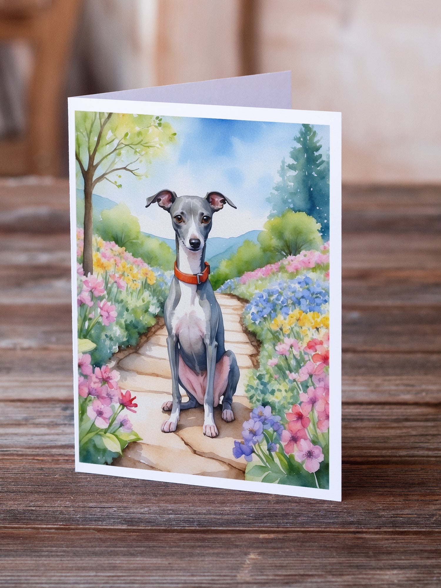 Italian Greyhound Spring Path Greeting Cards Pack of 8 Blank Cards with Envelopes Whimsical A7 Size 5x7