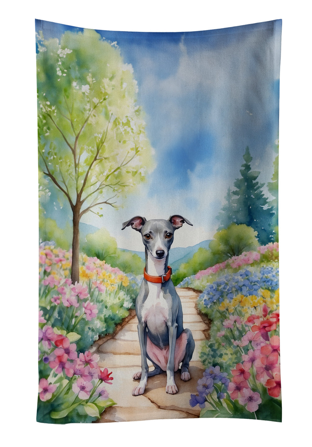 Italian Greyhound Spring Path Kitchen Towel Velour Plush Front and Cotton Loop Back Machine Washable