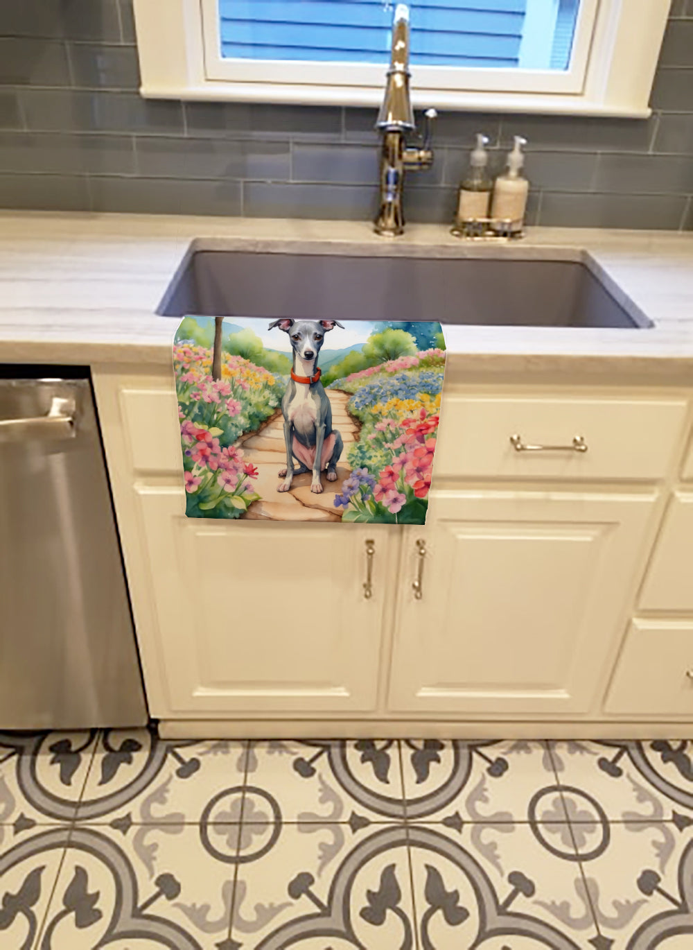 Italian Greyhound Spring Path Kitchen Towel Velour Plush Front and Cotton Loop Back Machine Washable