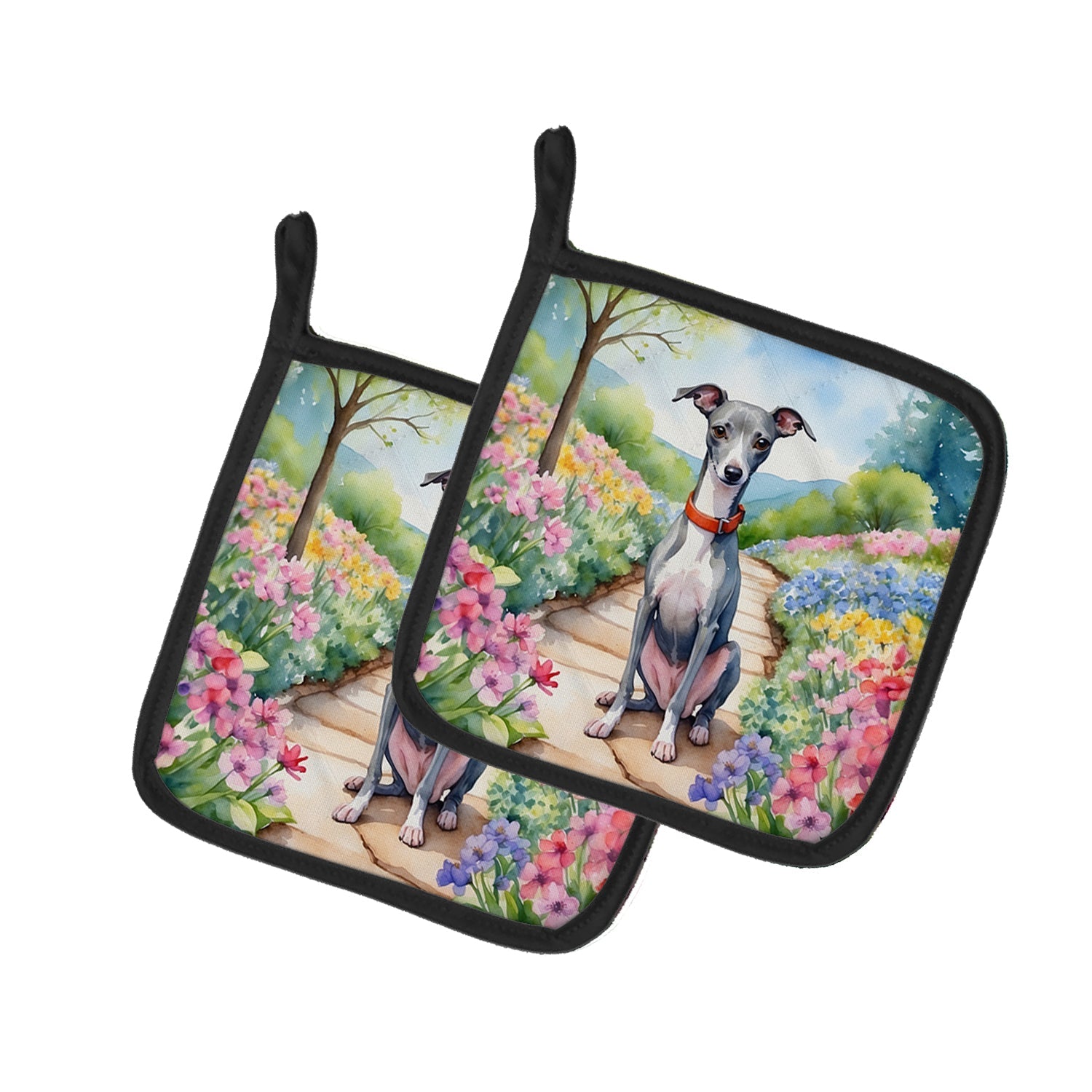 Italian Greyhound Spring Path Pot Holder Set of 2 Heat Resistant Quilted Hot Pads 7.5 x 7.5 Inch, Insulated Kitchen Trivets for Cooking & Baking