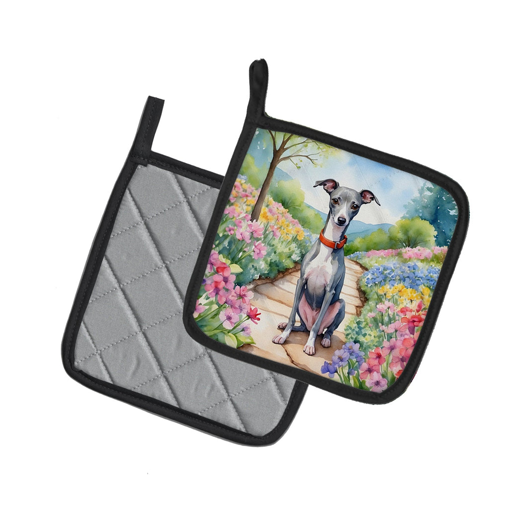 Italian Greyhound Spring Path Pot Holder Set of 2 Heat Resistant Quilted Hot Pads 7.5 x 7.5 Inch, Insulated Kitchen Trivets for Cooking & Baking