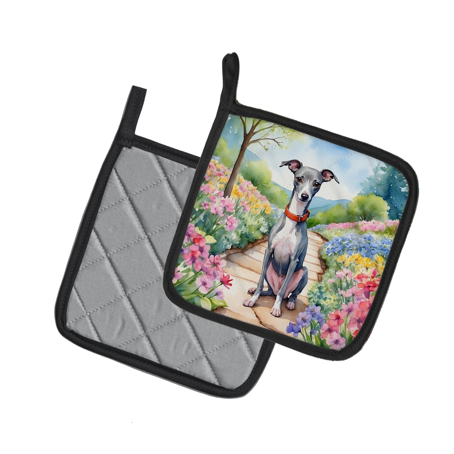 Italian Greyhound Spring Path Pot Holder Set of 2 Heat Resistant Quilted Hot Pads 7.5 x 7.5 Inch, Insulated Kitchen Trivets for Cooking & Baking