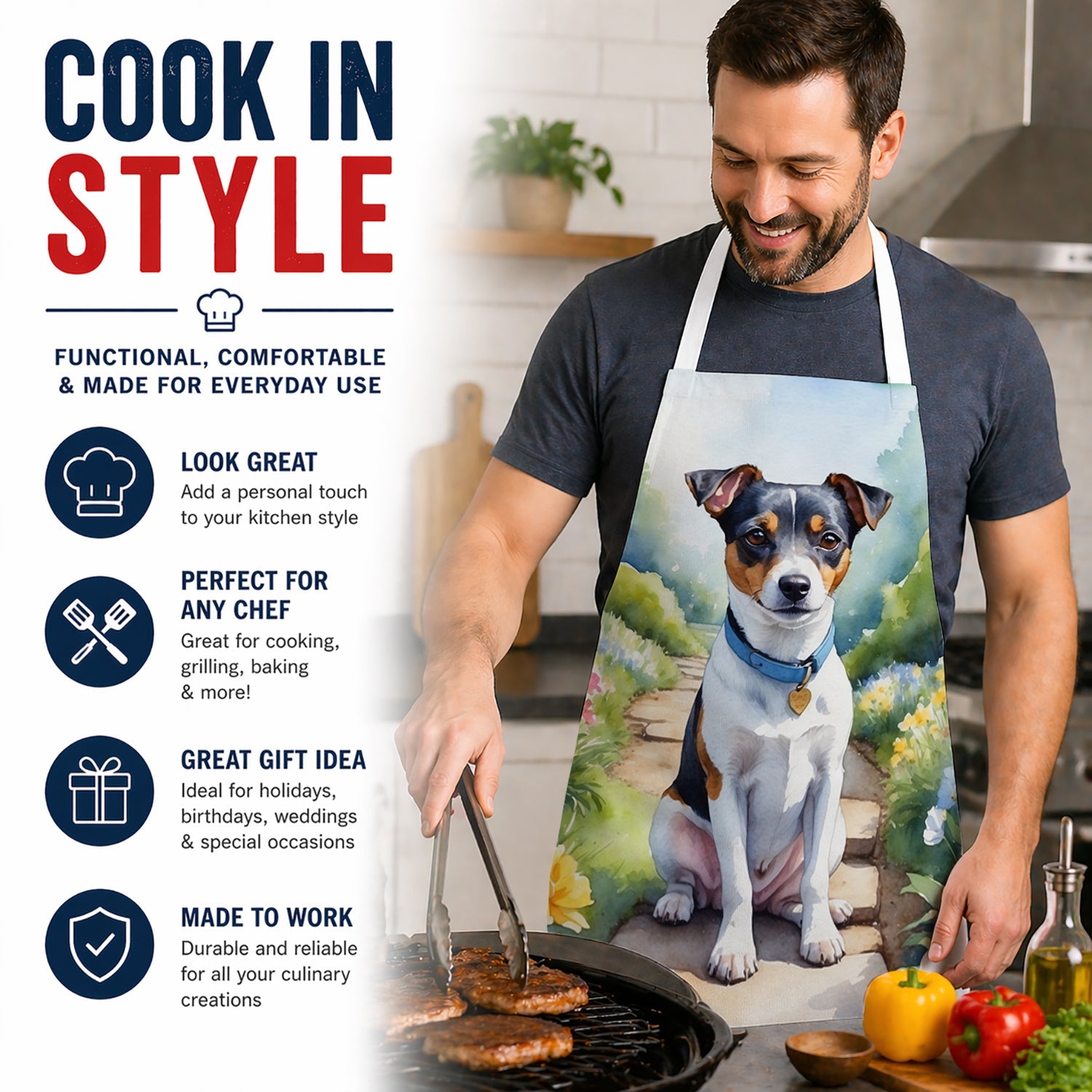 Jack Russell Terrier Spring Path Apron Cooking Kitchen Server Baking Crafts Gardening for Adult Women Men, Unisex, Large, Multicolor