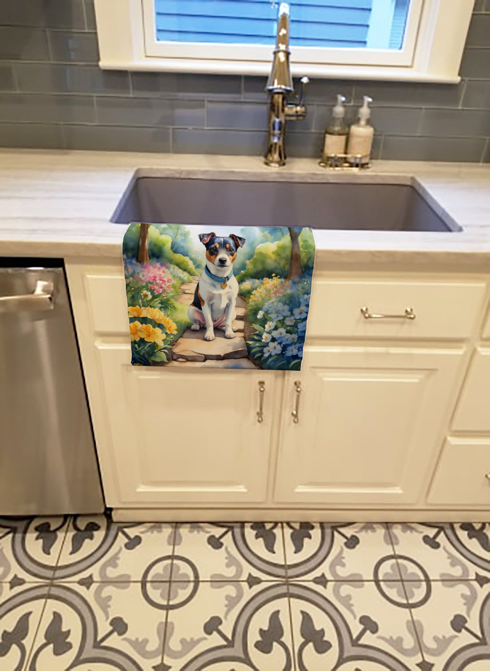 Jack Russell Terrier Spring Path Kitchen Towel Velour Plush Front and Cotton Loop Back Machine Washable