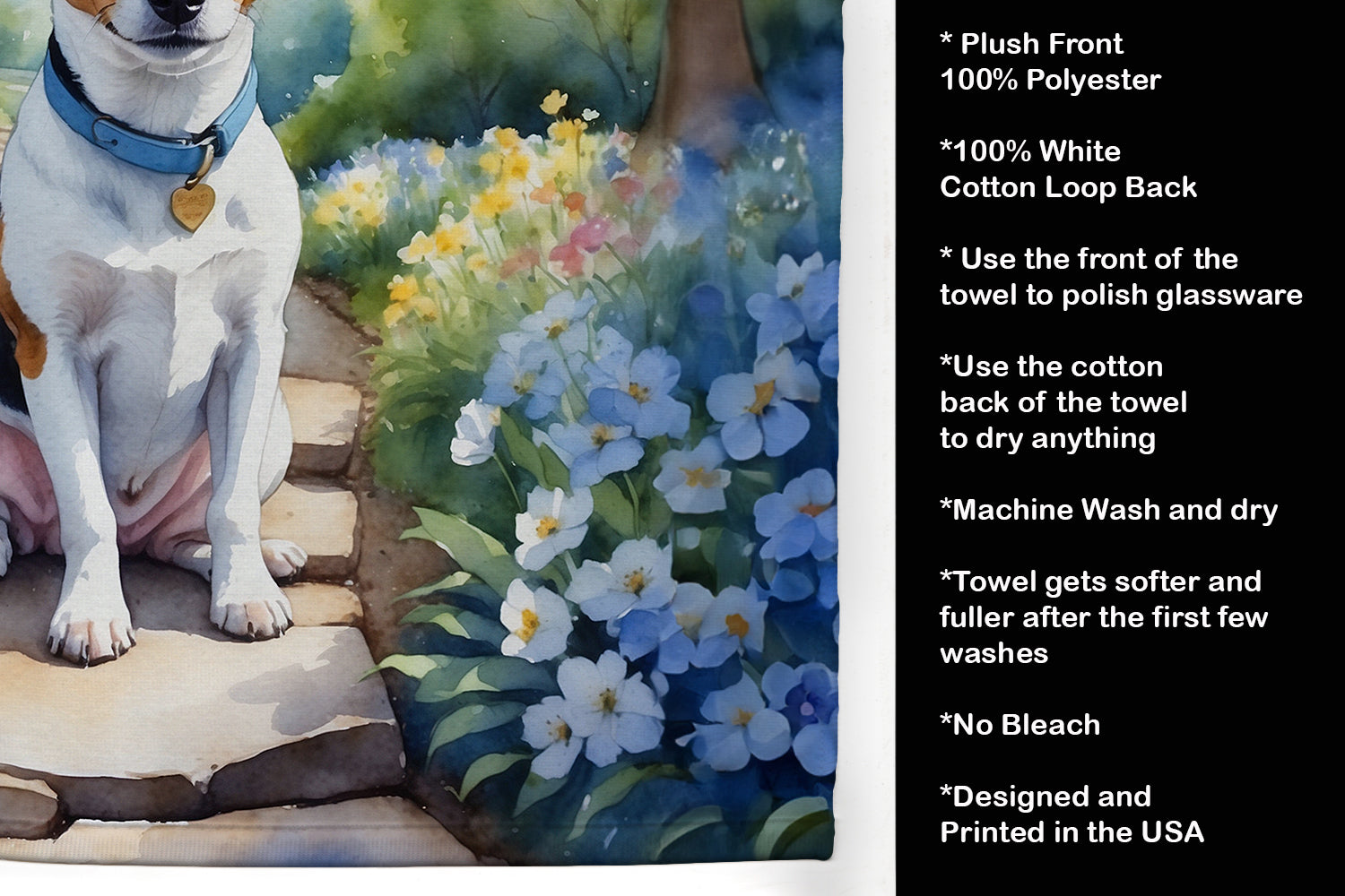 Jack Russell Terrier Spring Path Kitchen Towel Velour Plush Front and Cotton Loop Back Machine Washable