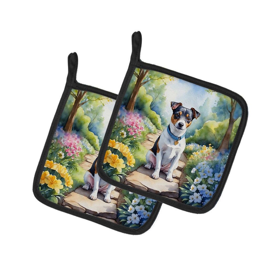 Jack Russell Terrier Spring Path Pot Holder Set of 2 Heat Resistant Quilted Hot Pads 7.5 x 7.5 Inch, Insulated Kitchen Trivets for Cooking & Baking