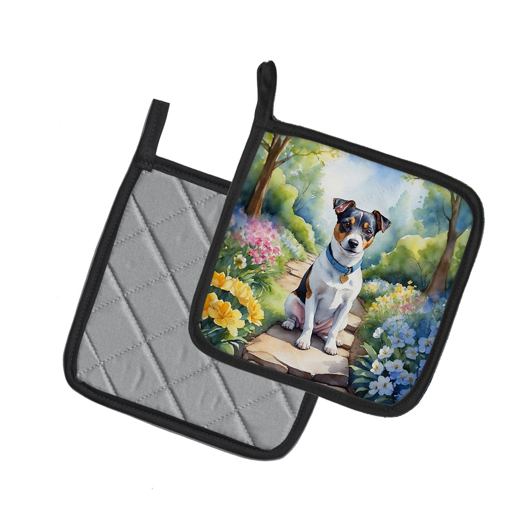 Jack Russell Terrier Spring Path Pot Holder Set of 2 Heat Resistant Quilted Hot Pads 7.5 x 7.5 Inch, Insulated Kitchen Trivets for Cooking & Baking