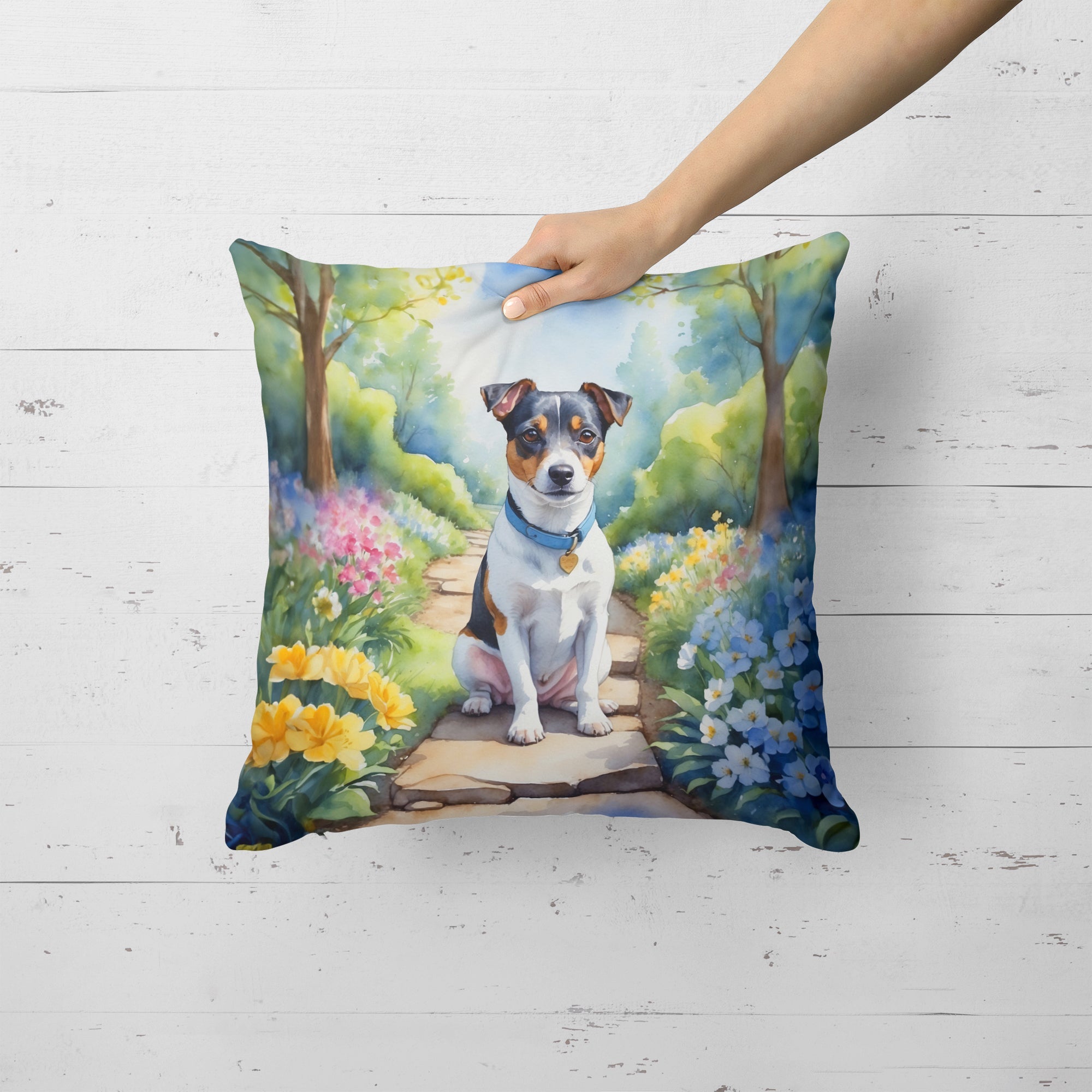 Jack Russell Terrier Spring Path Decorative Throw Pillow 18x18 Indoor Outdoor Accent Cushion, Fabric Cover with Insert for Sofa, Bed, Porch & Living Room