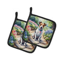 Jack Russell Terrier Spring Path Pot Holder Set of 2 Heat Resistant Quilted Hot Pads 7.5 x 7.5 Inch, Insulated Kitchen Trivets for Cooking & Baking