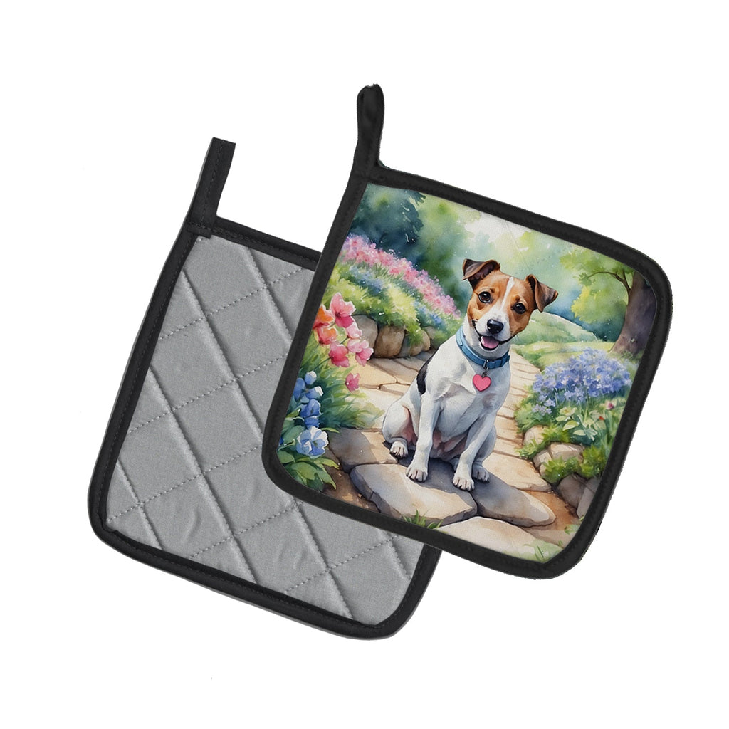 Jack Russell Terrier Spring Path Pot Holder Set of 2 Heat Resistant Quilted Hot Pads 7.5 x 7.5 Inch, Insulated Kitchen Trivets for Cooking & Baking
