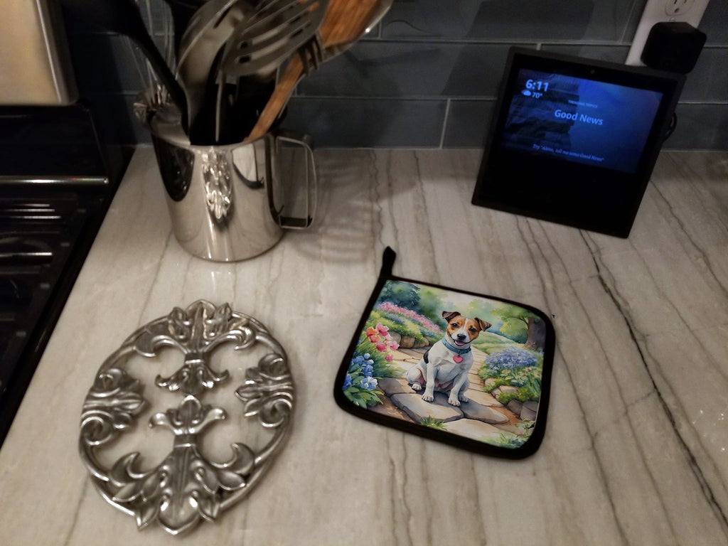 Jack Russell Terrier Spring Path Pot Holder Set of 2 Heat Resistant Quilted Hot Pads 7.5 x 7.5 Inch, Insulated Kitchen Trivets for Cooking & Baking