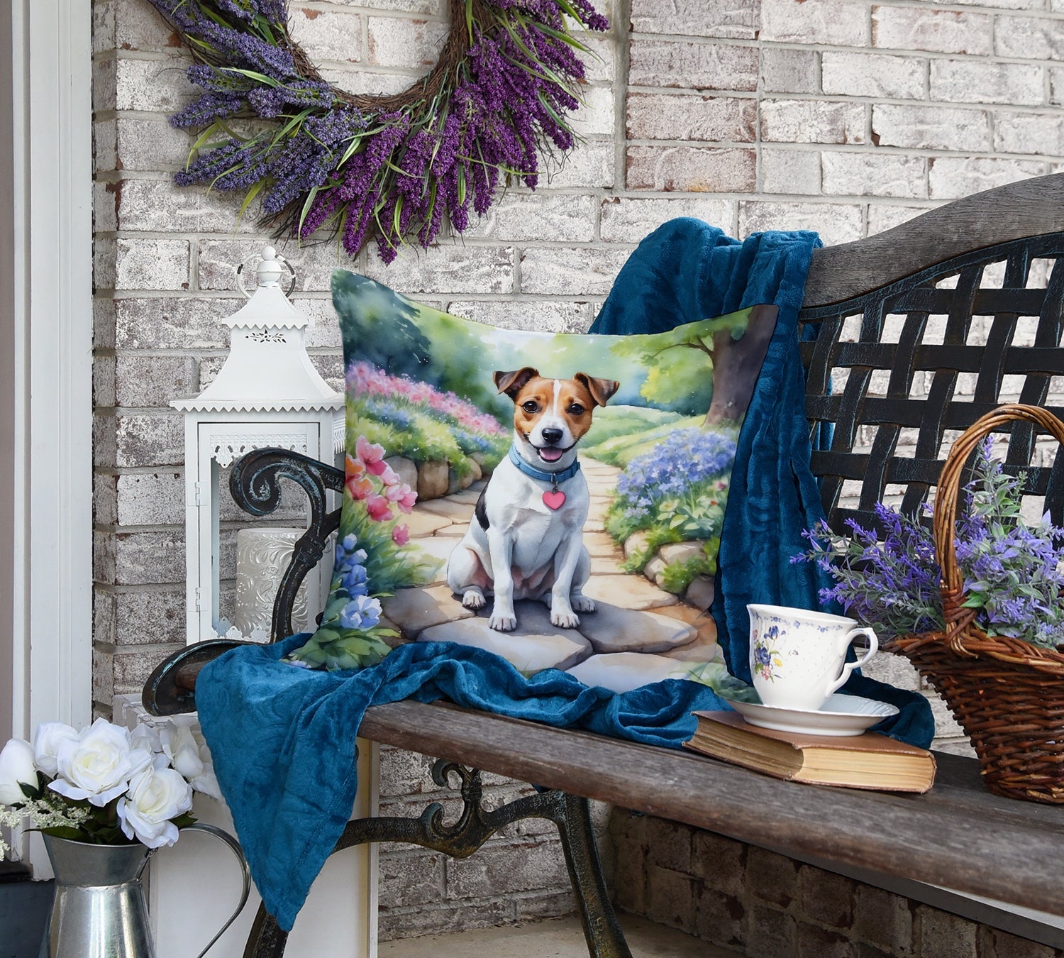 Jack Russell Terrier Spring Path Decorative Throw Pillow 18x18 Indoor Outdoor Accent Cushion, Fabric Cover with Insert for Sofa, Bed, Porch & Living Room