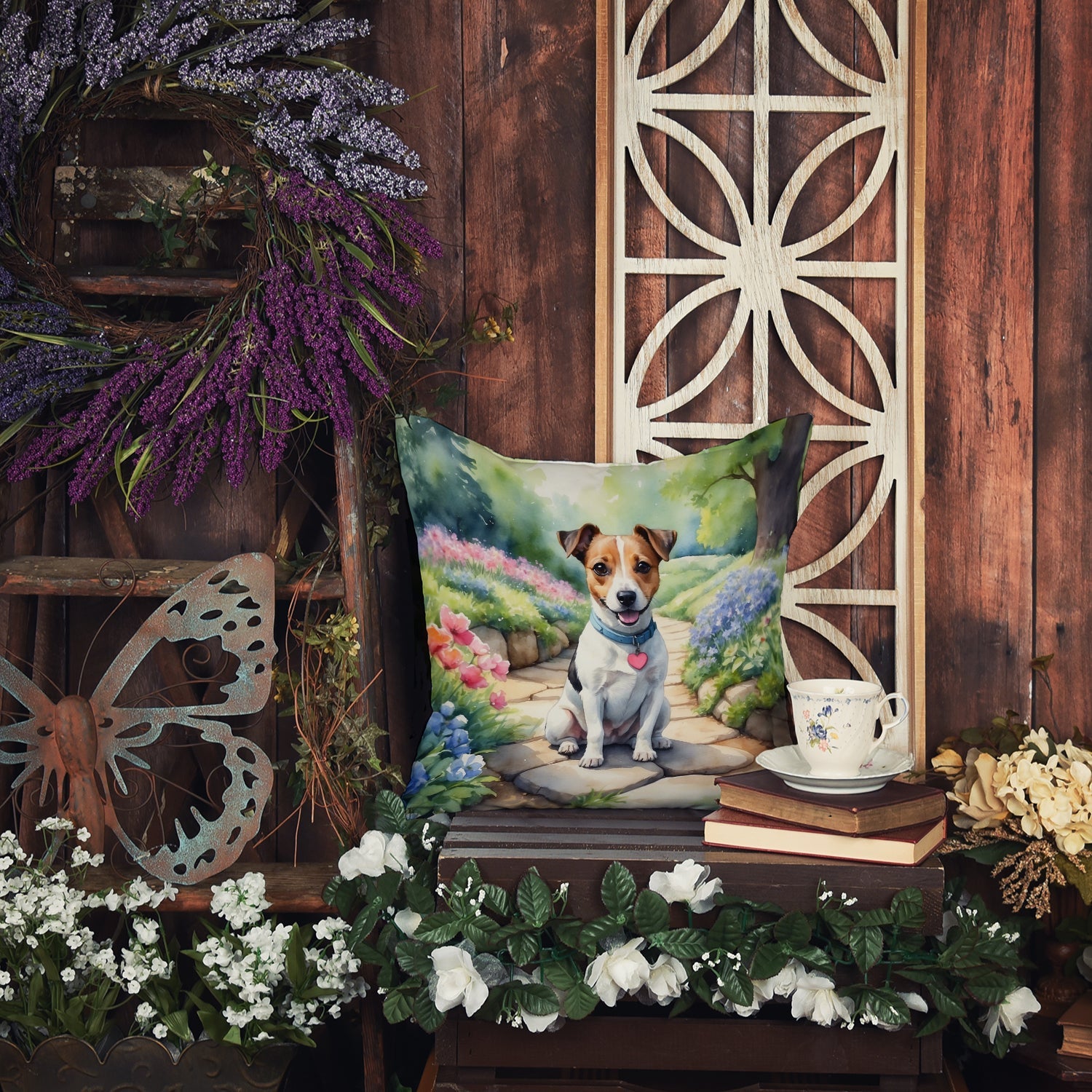 Jack Russell Terrier Spring Path Decorative Throw Pillow 18x18 Indoor Outdoor Accent Cushion, Fabric Cover with Insert for Sofa, Bed, Porch & Living Room