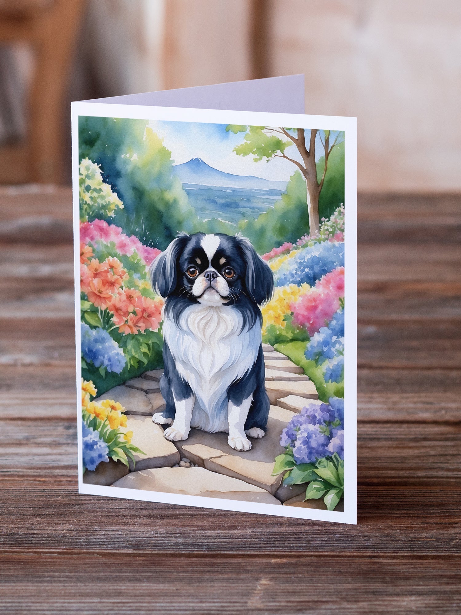 Japanese Chin Spring Path Greeting Cards Pack of 8 Blank Cards with Envelopes Whimsical A7 Size 5x7