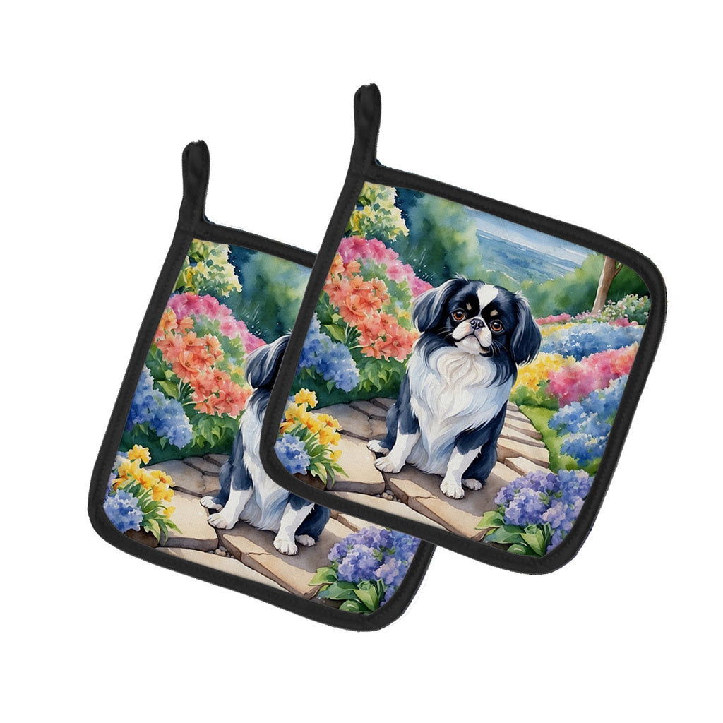 Japanese Chin Spring Path Pot Holder Set of 2 Heat Resistant Quilted Hot Pads 7.5 x 7.5 Inch, Insulated Kitchen Trivets for Cooking & Baking