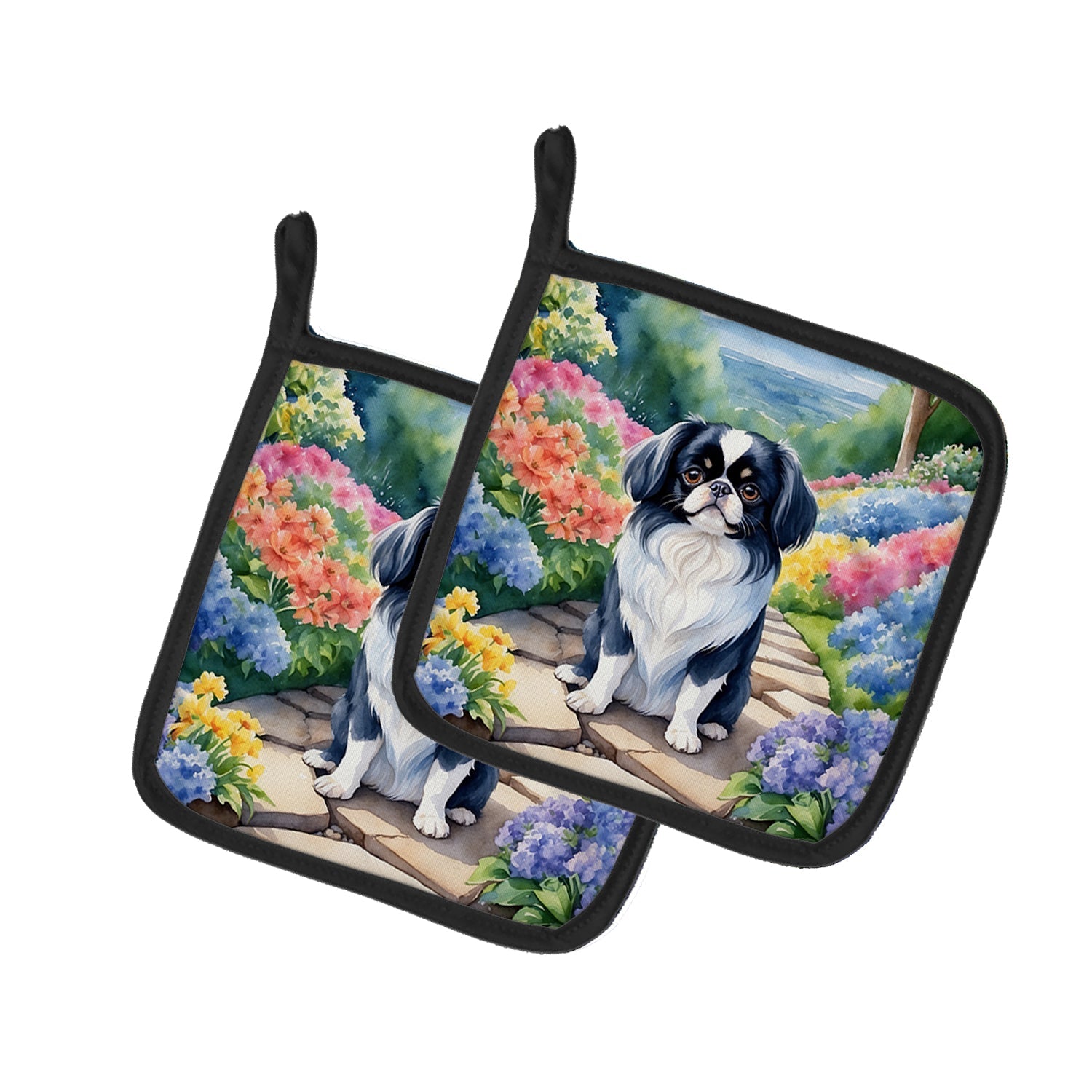 Japanese Chin Spring Path Pot Holder Set of 2 Heat Resistant Quilted Hot Pads 7.5 x 7.5 Inch, Insulated Kitchen Trivets for Cooking & Baking
