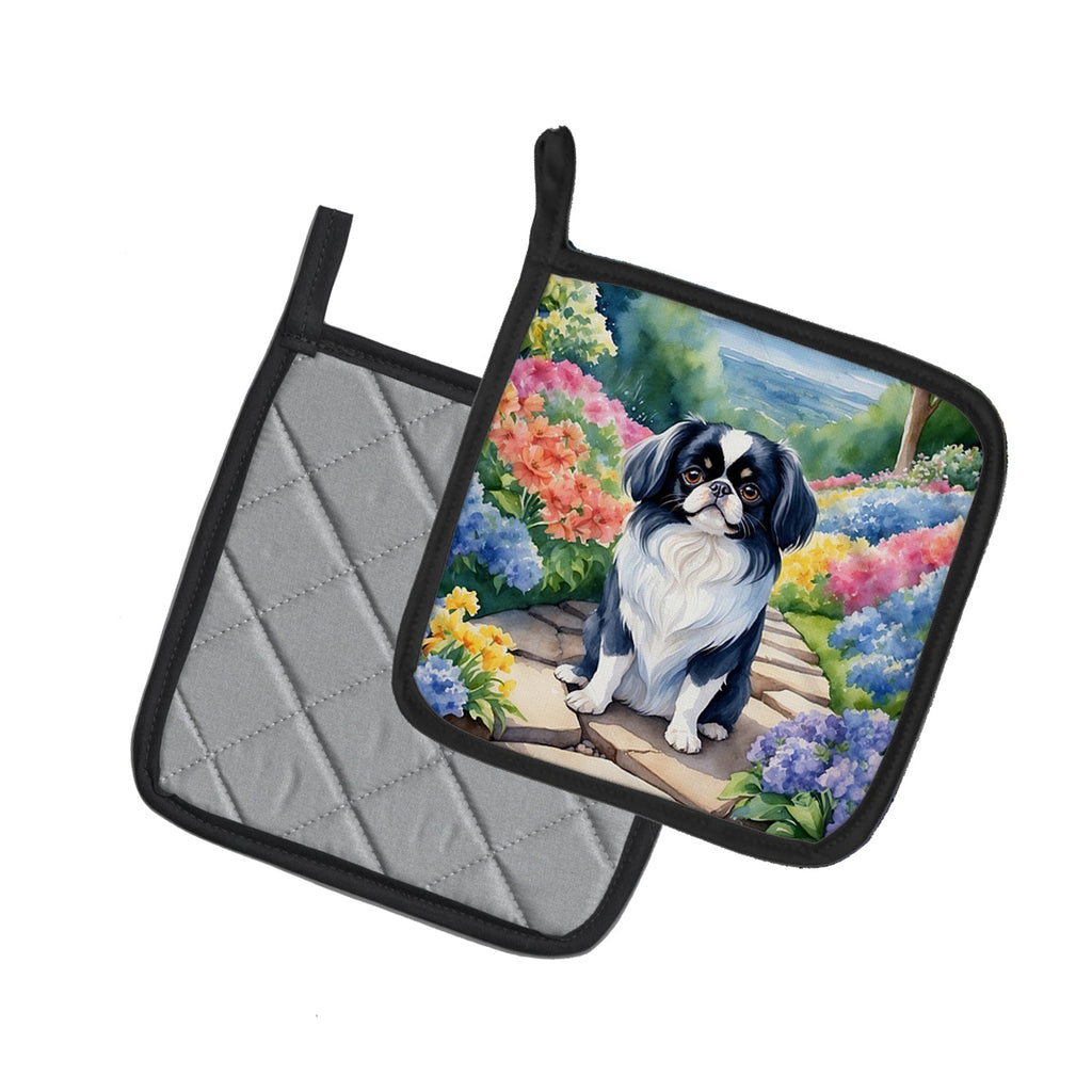 Japanese Chin Spring Path Pot Holder Set of 2 Heat Resistant Quilted Hot Pads 7.5 x 7.5 Inch, Insulated Kitchen Trivets for Cooking & Baking