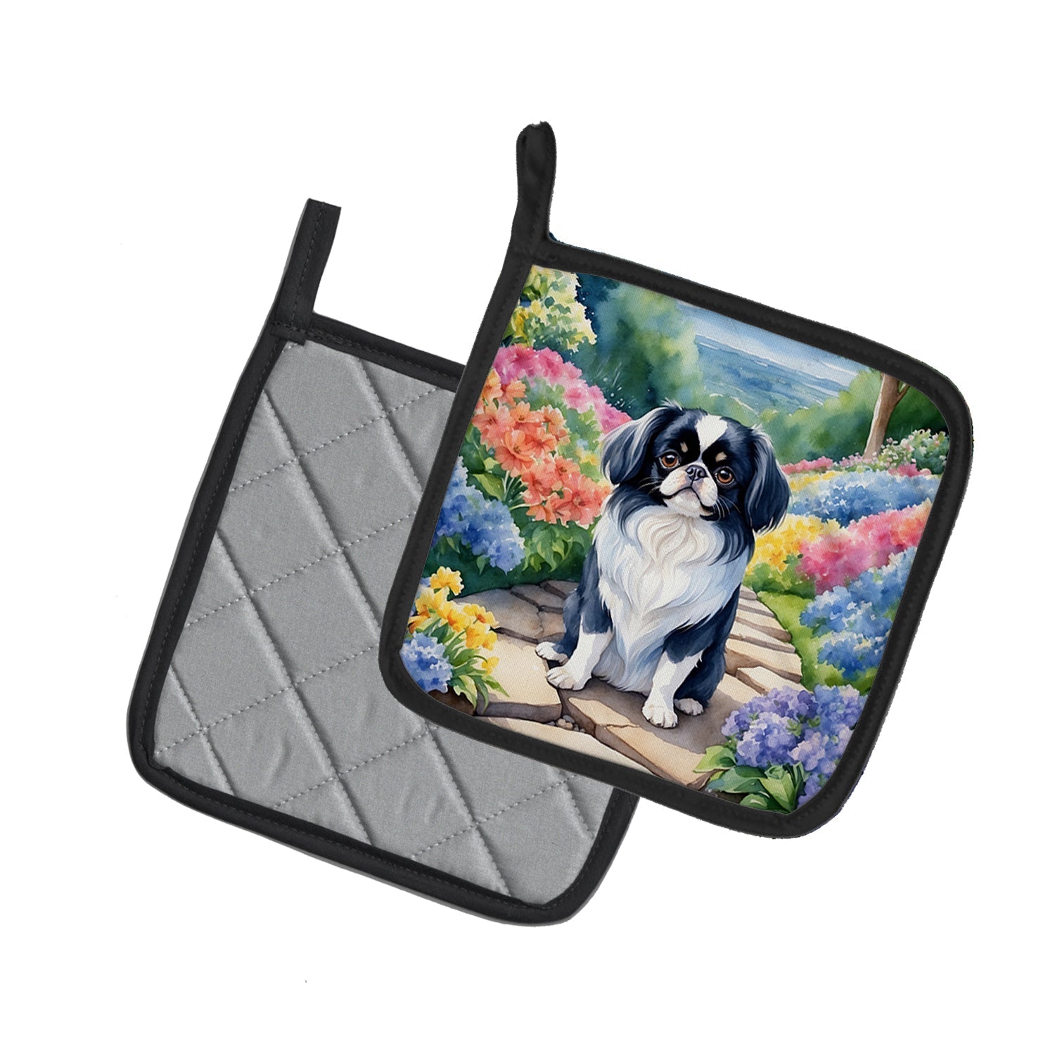 Japanese Chin Spring Path Pot Holder Set of 2 Heat Resistant Quilted Hot Pads 7.5 x 7.5 Inch, Insulated Kitchen Trivets for Cooking & Baking