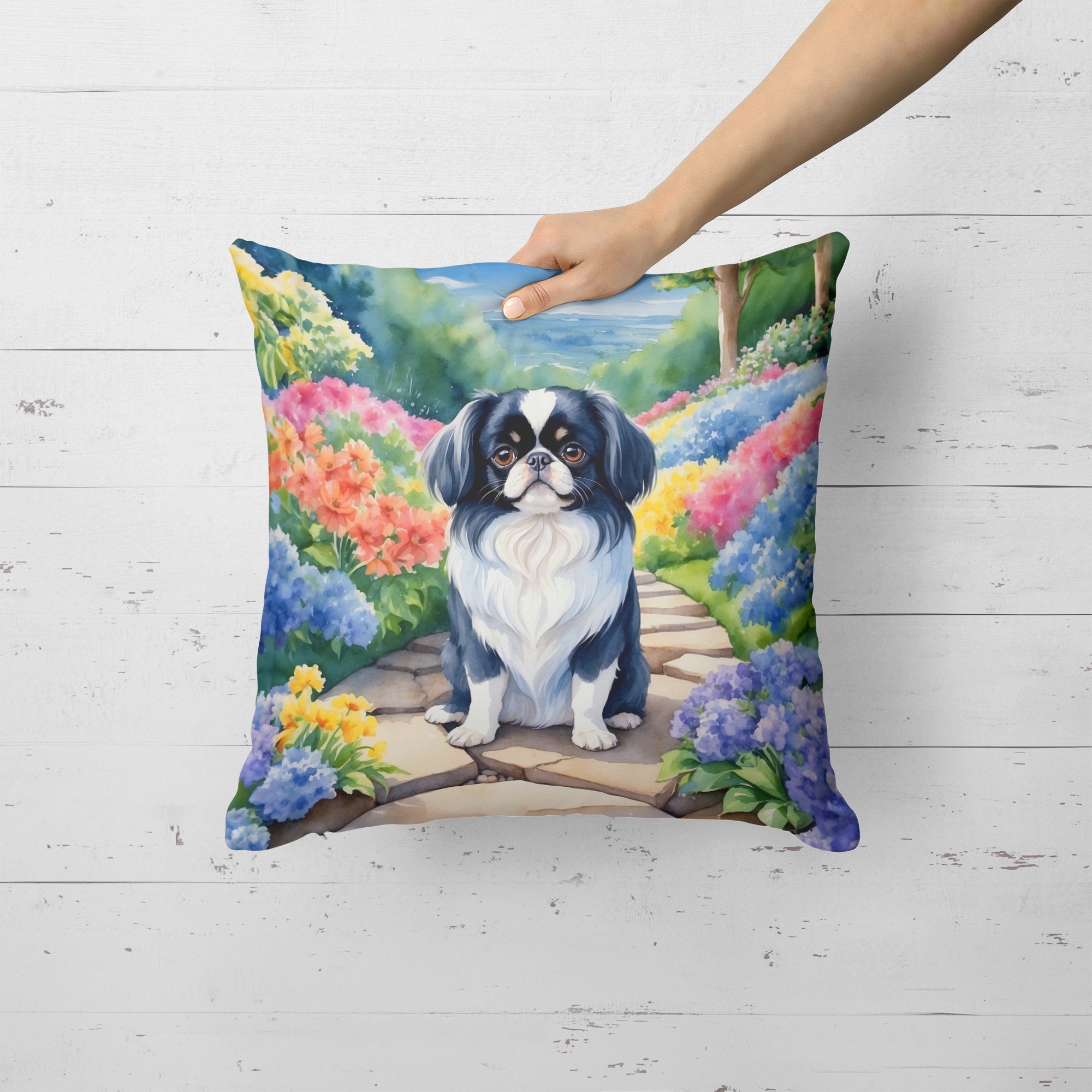 Japanese Chin Spring Path Decorative Throw Pillow 18x18 Indoor Outdoor Accent Cushion, Fabric Cover with Insert for Sofa, Bed, Porch & Living Room