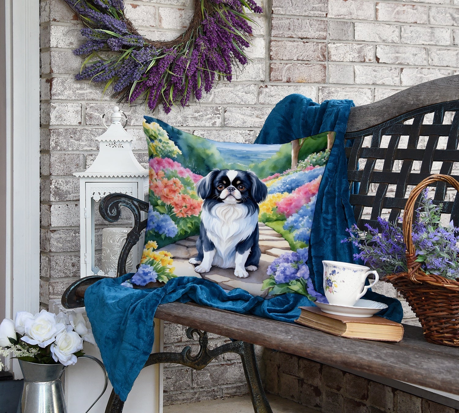 Japanese Chin Spring Path Decorative Throw Pillow 18x18 Indoor Outdoor Accent Cushion, Fabric Cover with Insert for Sofa, Bed, Porch & Living Room