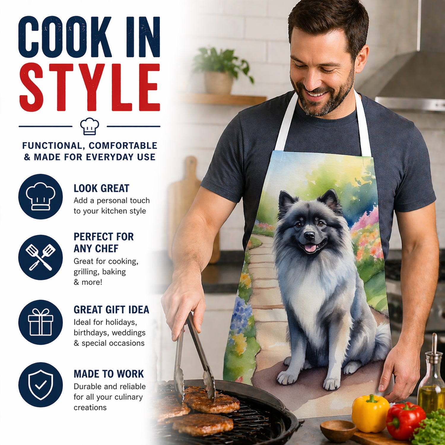 Keeshond Spring Path Apron Cooking Kitchen Server Baking Crafts Gardening for Adult Women Men, Unisex, Large, Multicolor