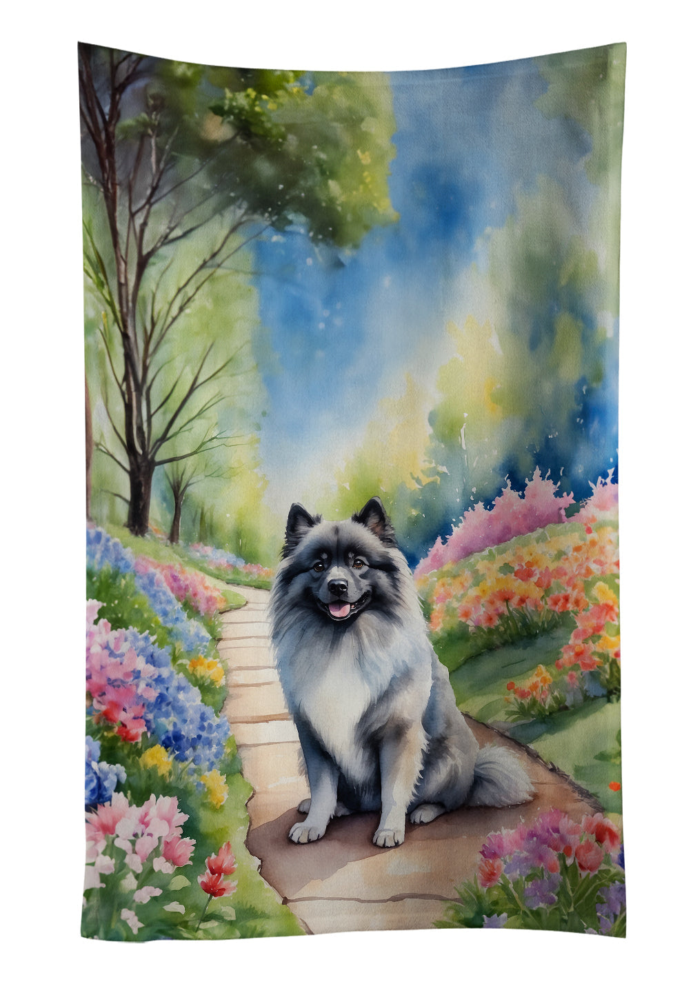 Keeshond Spring Path Kitchen Towel Velour Plush Front and Cotton Loop Back Machine Washable