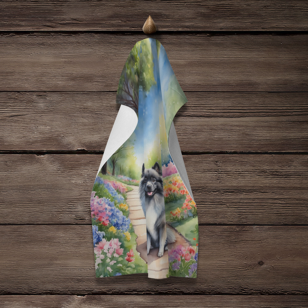 Keeshond Spring Path Kitchen Towel Velour Plush Front and Cotton Loop Back Machine Washable