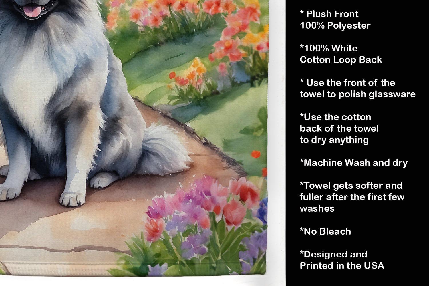 Keeshond Spring Path Kitchen Towel Velour Plush Front and Cotton Loop Back Machine Washable