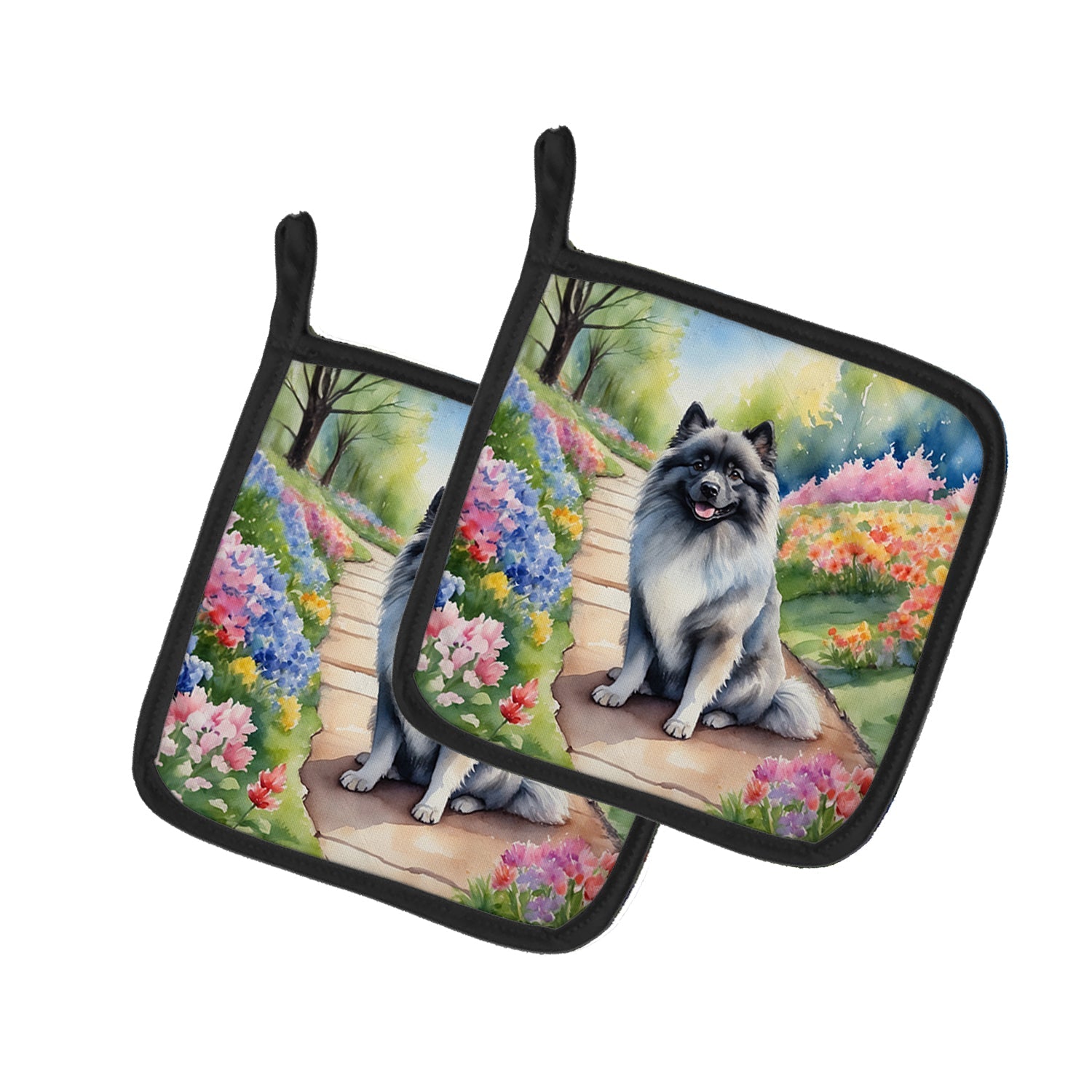 Keeshond Spring Path Pot Holder Set of 2 Heat Resistant Quilted Hot Pads 7.5 x 7.5 Inch, Insulated Kitchen Trivets for Cooking & Baking