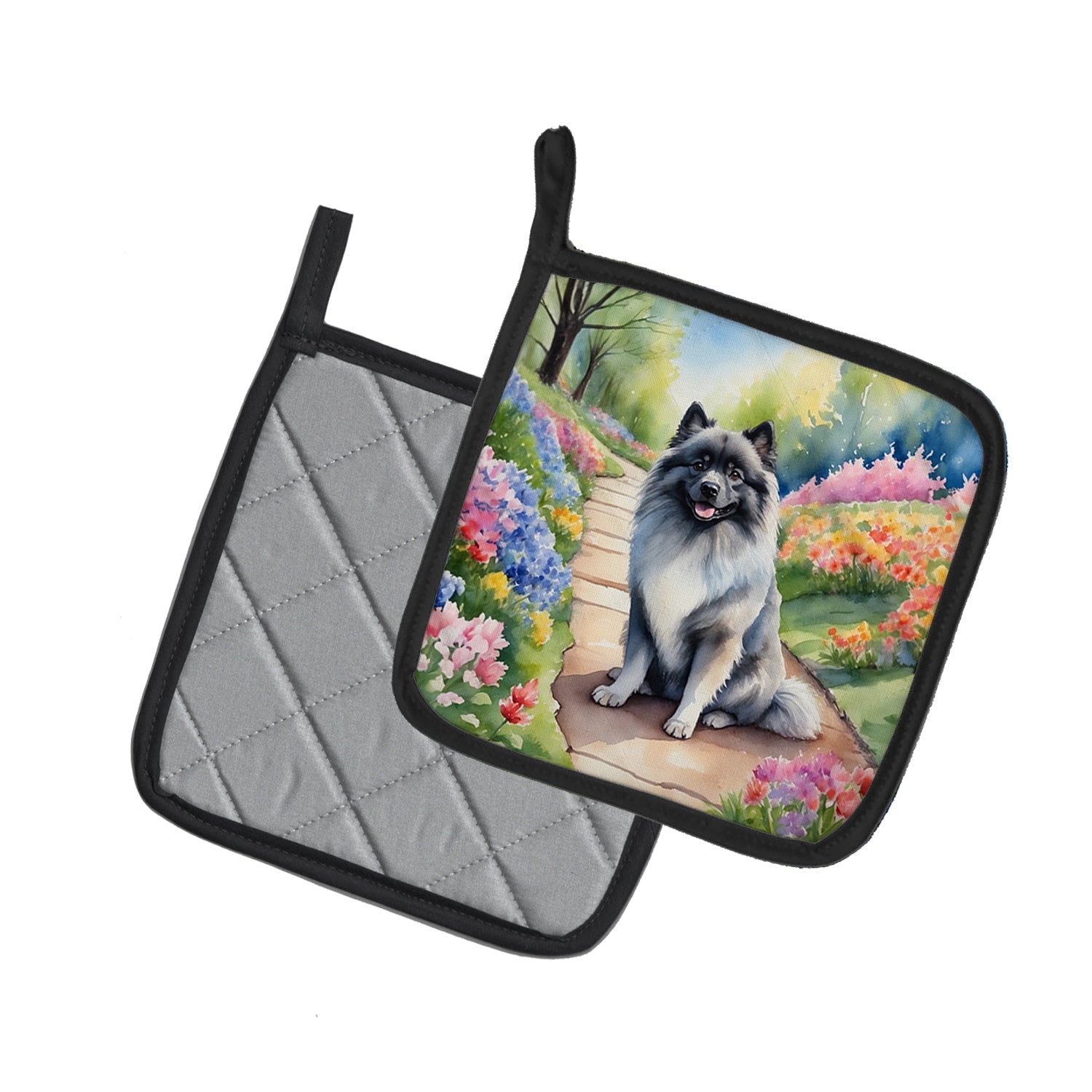 Keeshond Spring Path Pot Holder Set of 2 Heat Resistant Quilted Hot Pads 7.5 x 7.5 Inch, Insulated Kitchen Trivets for Cooking & Baking