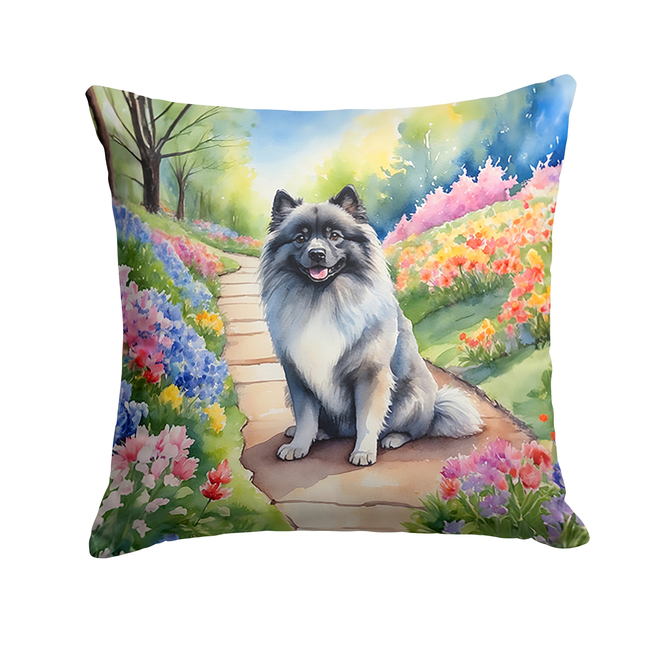 Keeshond Spring Path Decorative Throw Pillow 18x18 Indoor Outdoor Accent Cushion, Fabric Cover with Insert for Sofa, Bed, Porch & Living Room