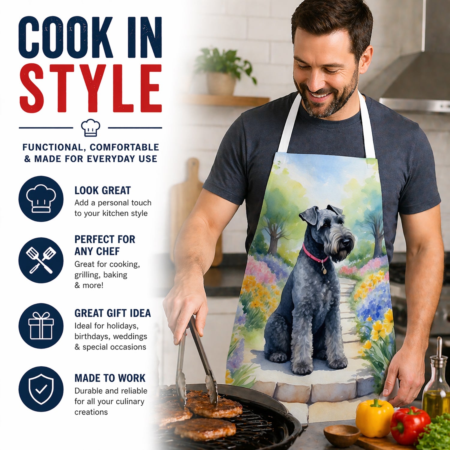 Kerry Blue Terrier Spring Path Apron Cooking Kitchen Server Baking Crafts Gardening for Adult Women Men, Unisex, Large, Multicolor