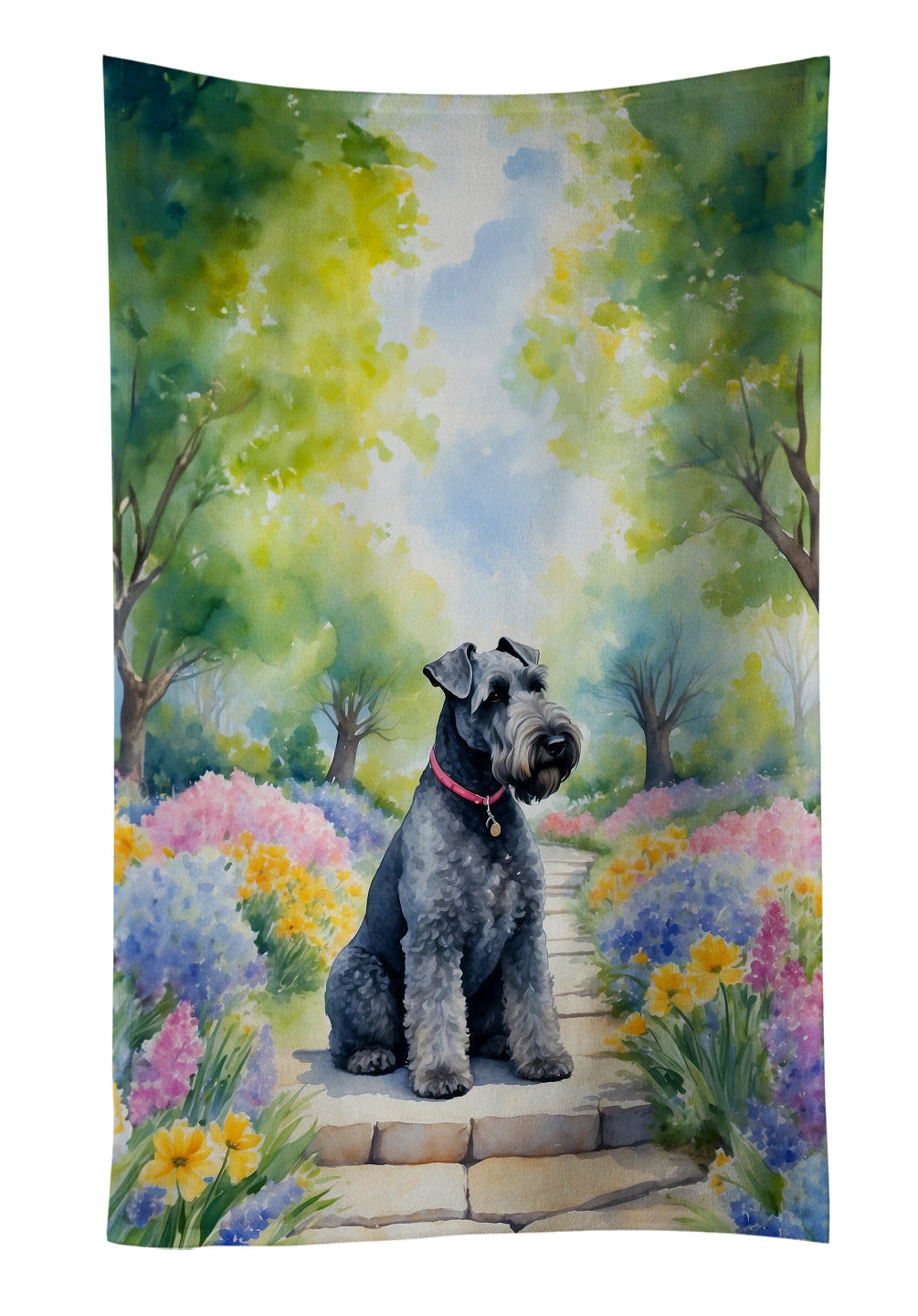 Kerry Blue Terrier Spring Path Kitchen Towel Velour Plush Front and Cotton Loop Back Machine Washable
