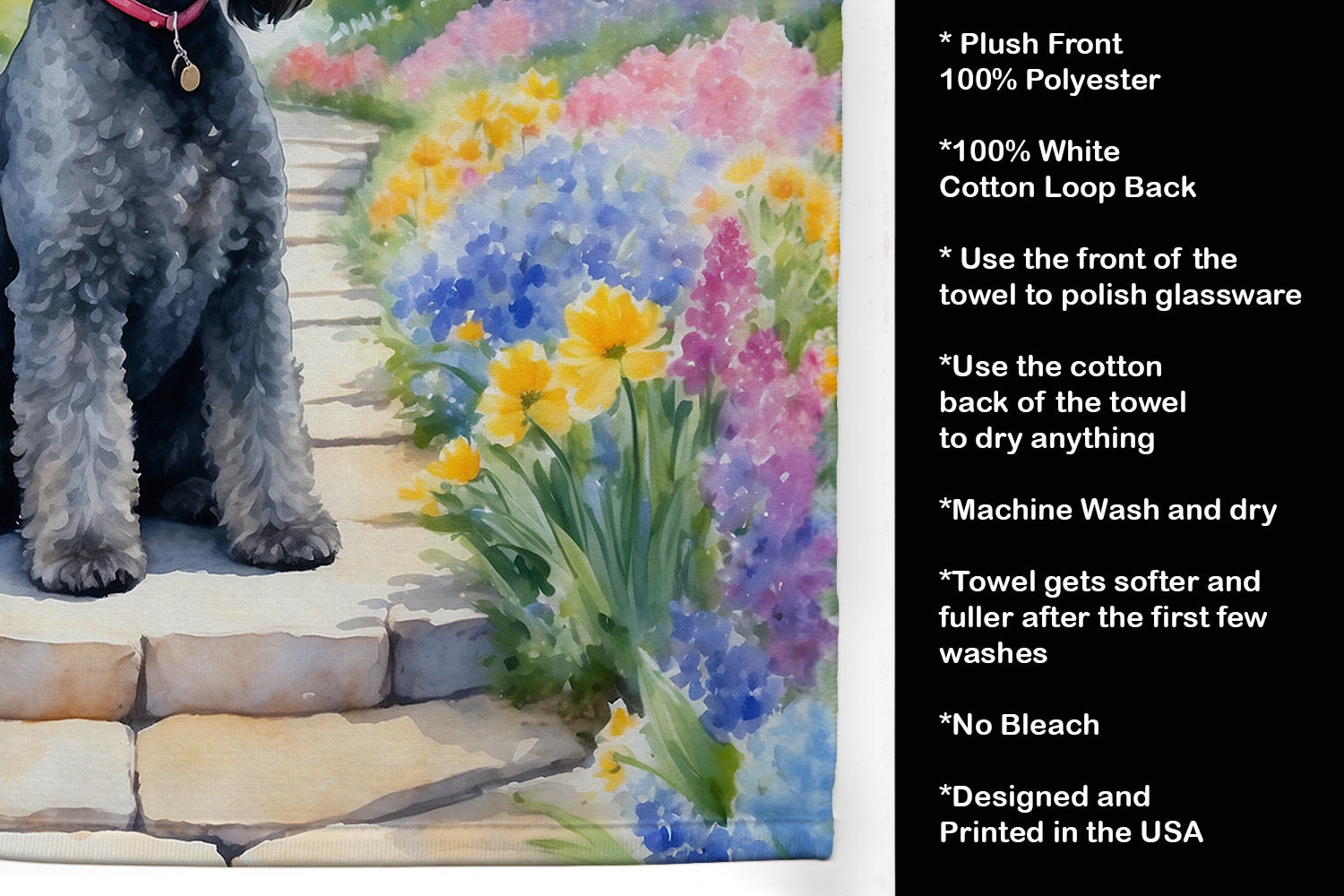 Kerry Blue Terrier Spring Path Kitchen Towel Velour Plush Front and Cotton Loop Back Machine Washable