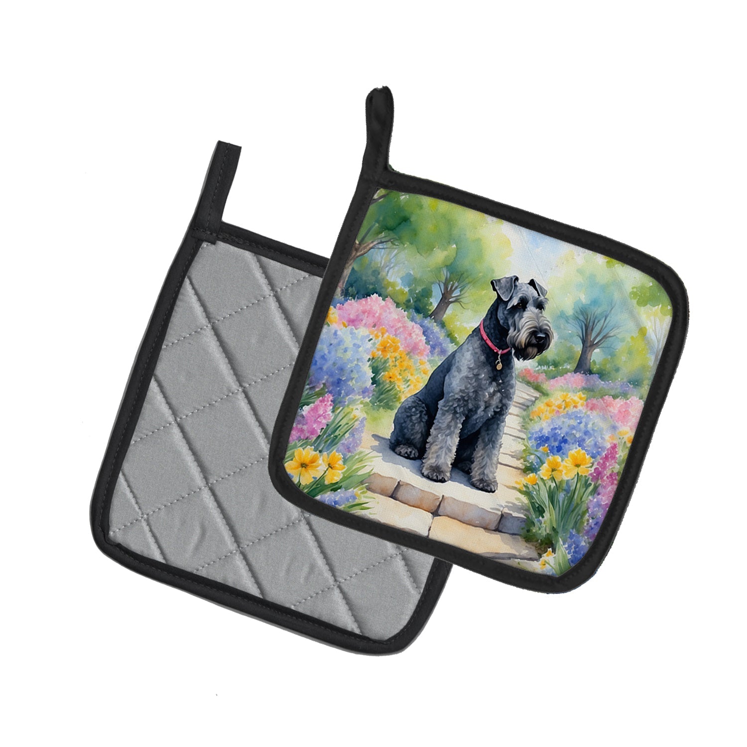 Kerry Blue Terrier Spring Path Pot Holder Set of 2 Heat Resistant Quilted Hot Pads 7.5 x 7.5 Inch, Insulated Kitchen Trivets for Cooking & Baking