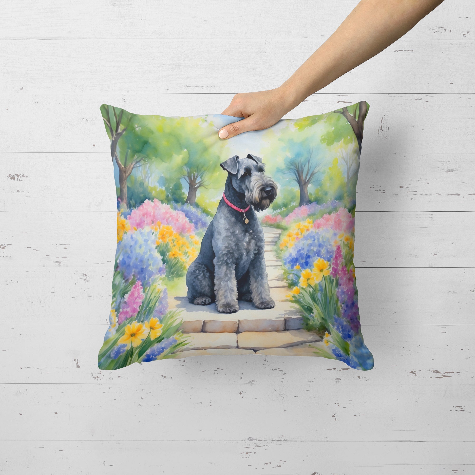 Kerry Blue Terrier Spring Path Decorative Throw Pillow 18x18 Indoor Outdoor Accent Cushion, Fabric Cover with Insert for Sofa, Bed, Porch & Living Room