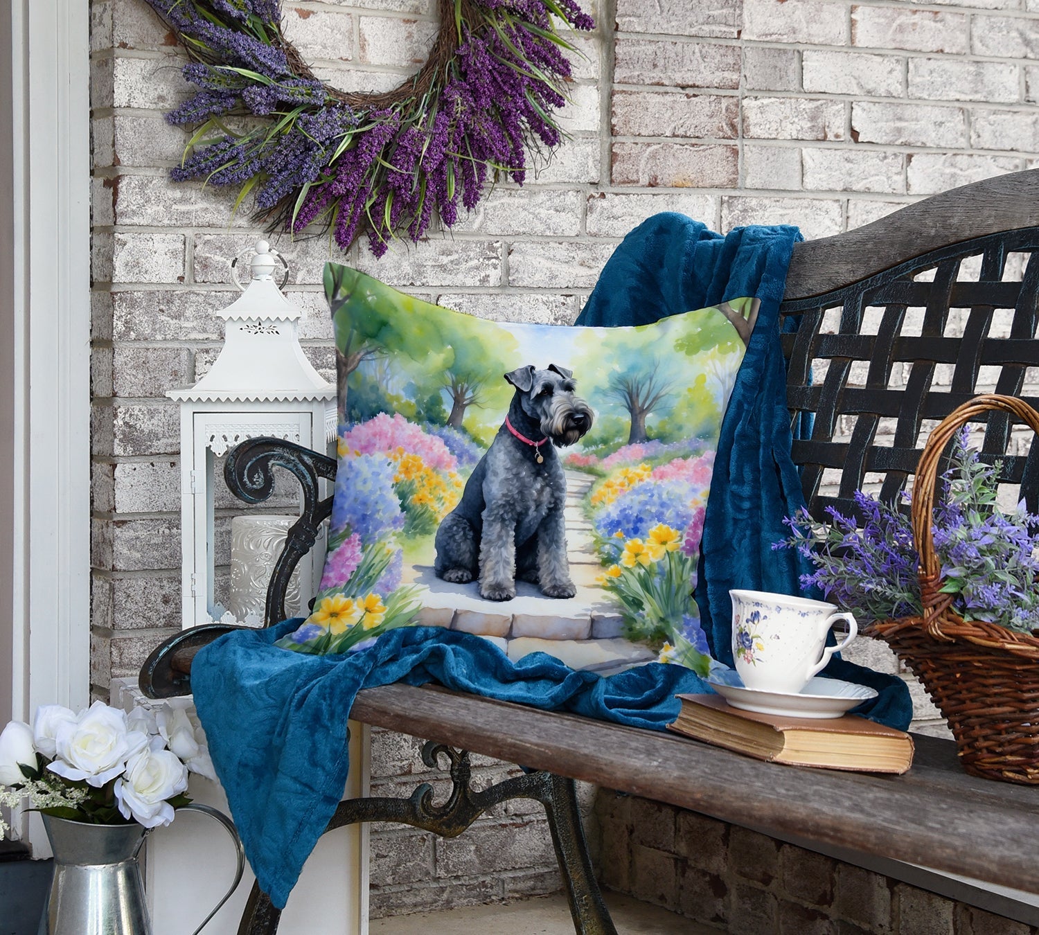 Kerry Blue Terrier Spring Path Decorative Throw Pillow 18x18 Indoor Outdoor Accent Cushion, Fabric Cover with Insert for Sofa, Bed, Porch & Living Room