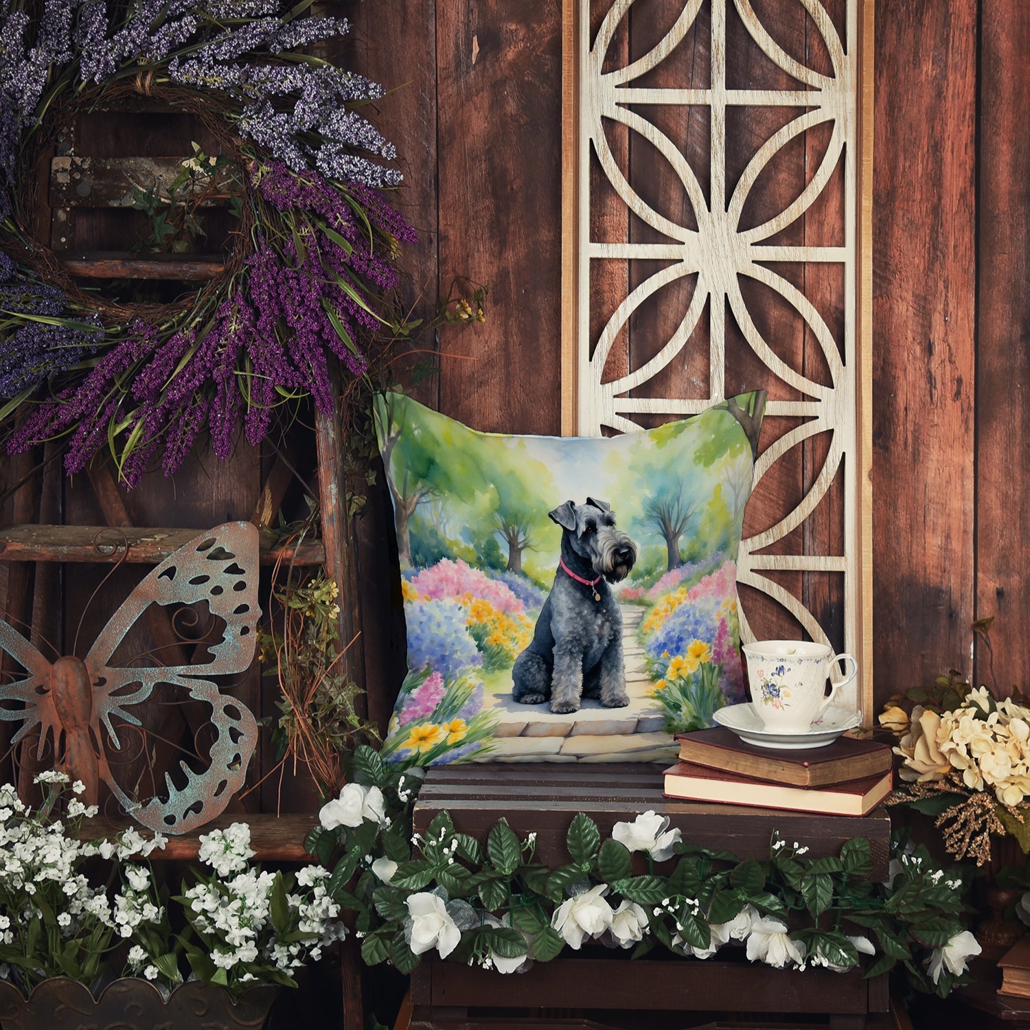Kerry Blue Terrier Spring Path Decorative Throw Pillow 18x18 Indoor Outdoor Accent Cushion, Fabric Cover with Insert for Sofa, Bed, Porch & Living Room