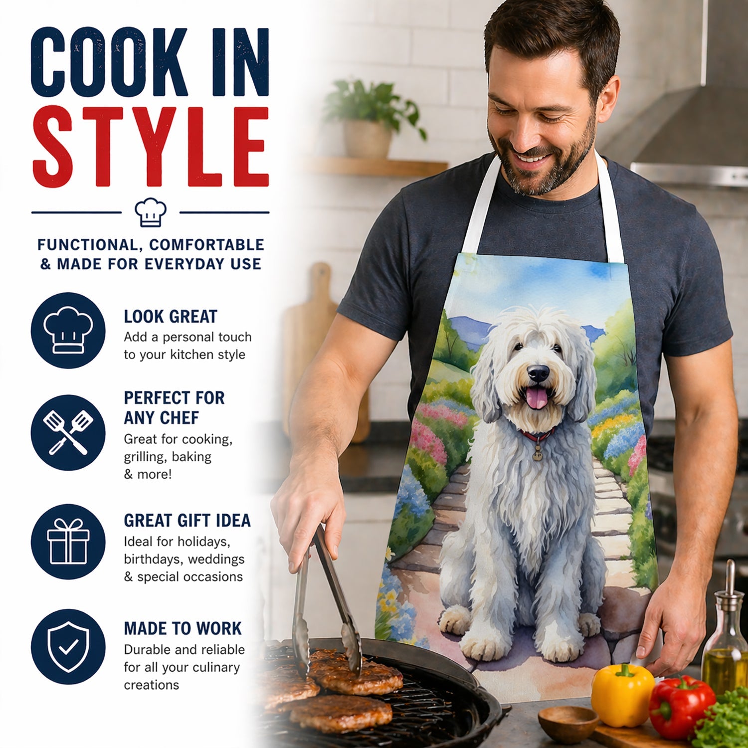 Komondor Spring Path Apron Cooking Kitchen Server Baking Crafts Gardening for Adult Women Men, Unisex, Large, Multicolor