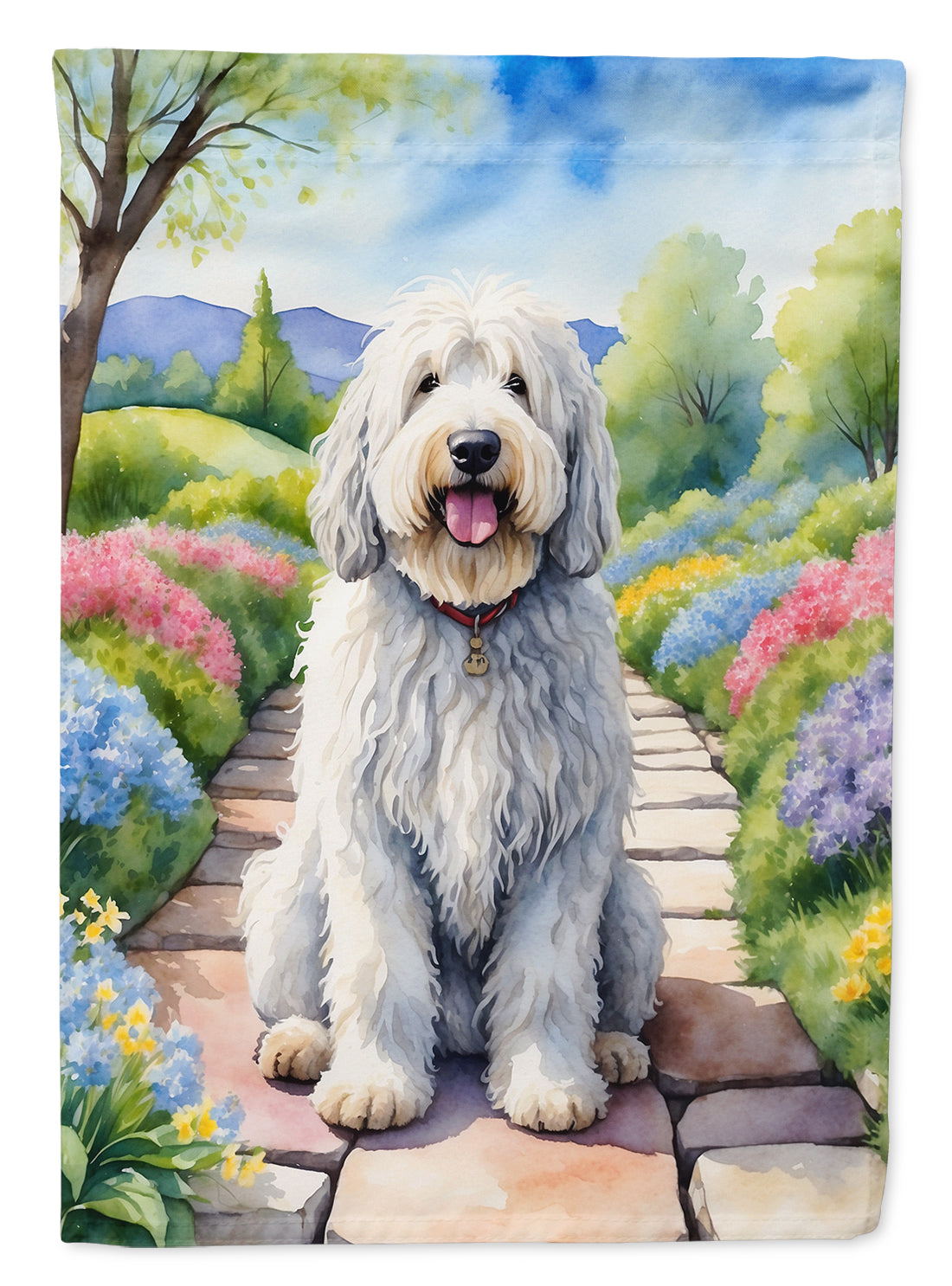 Komondor Spring Path House Flag 28x40 Porch Sleeve Pole Decorative Outside Yard Banner Artwork Wall Hanging, Polyester