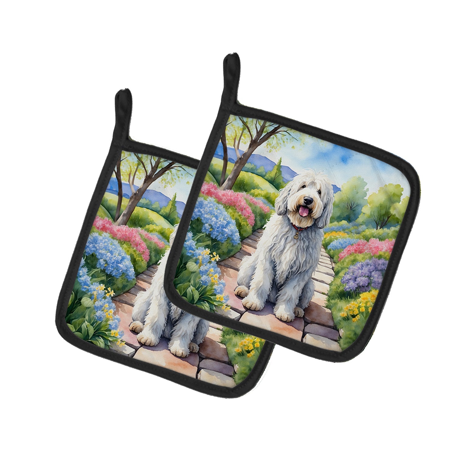 Komondor Spring Path Pot Holder Set of 2 Heat Resistant Quilted Hot Pads 7.5 x 7.5 Inch, Insulated Kitchen Trivets for Cooking & Baking