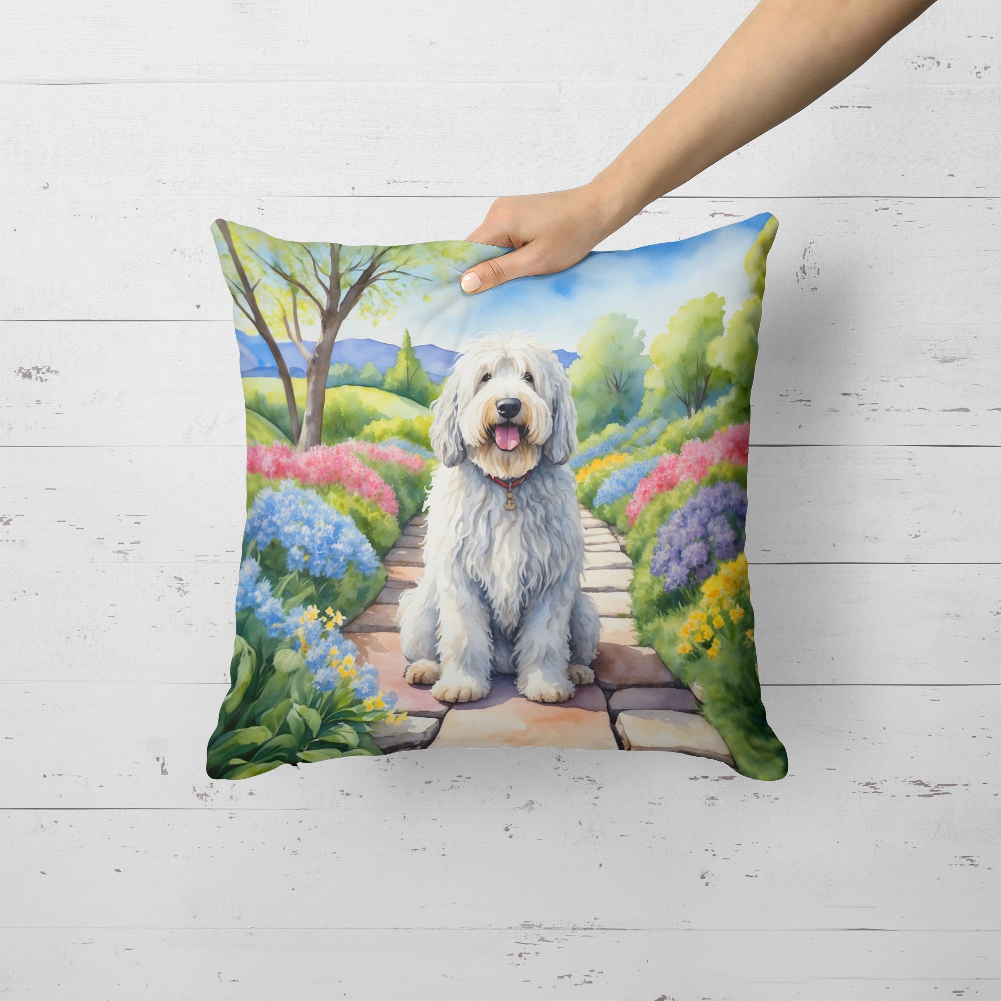 Komondor Spring Path Decorative Throw Pillow 18x18 Indoor Outdoor Accent Cushion, Fabric Cover with Insert for Sofa, Bed, Porch & Living Room