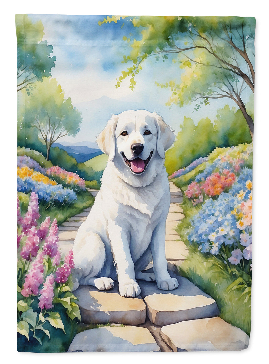Kuvasz Spring Path House Flag 28x40 Porch Sleeve Pole Decorative Outside Yard Banner Artwork Wall Hanging, Polyester