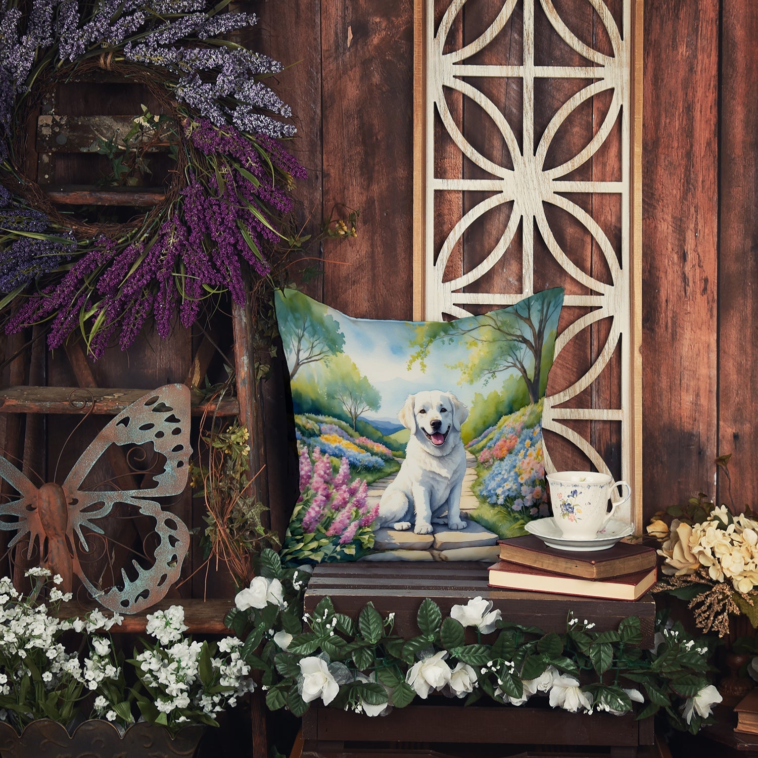Kuvasz Spring Path Decorative Throw Pillow 18x18 Indoor Outdoor Accent Cushion, Fabric Cover with Insert for Sofa, Bed, Porch & Living Room