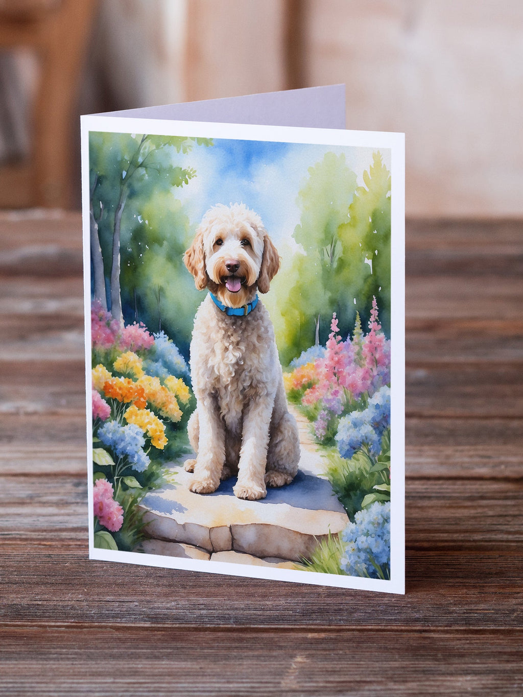 Labradoodle Spring Path Greeting Cards Pack of 8 Blank Cards with Envelopes Whimsical A7 Size 5x7