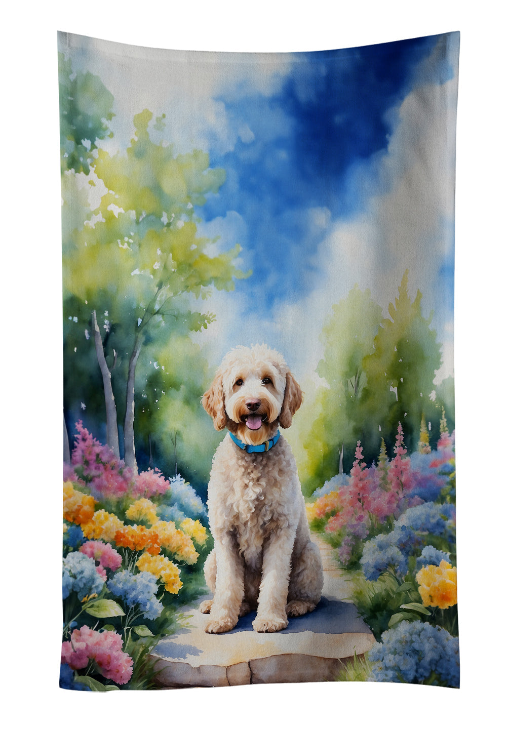 Labradoodle Spring Path Kitchen Towel Velour Plush Front and Cotton Loop Back Machine Washable