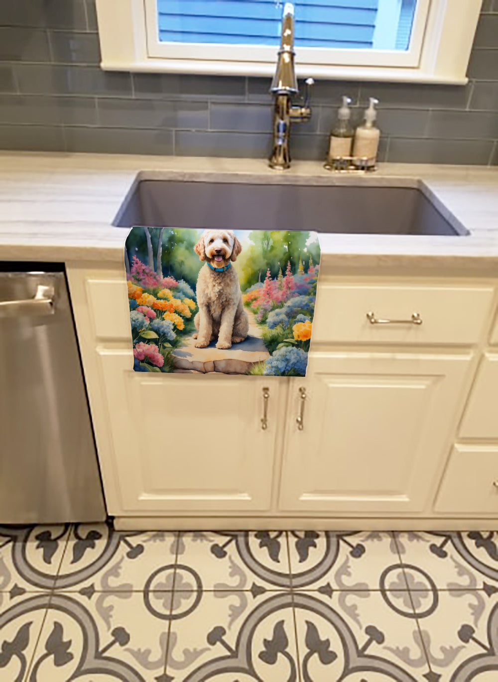 Labradoodle Spring Path Kitchen Towel Velour Plush Front and Cotton Loop Back Machine Washable