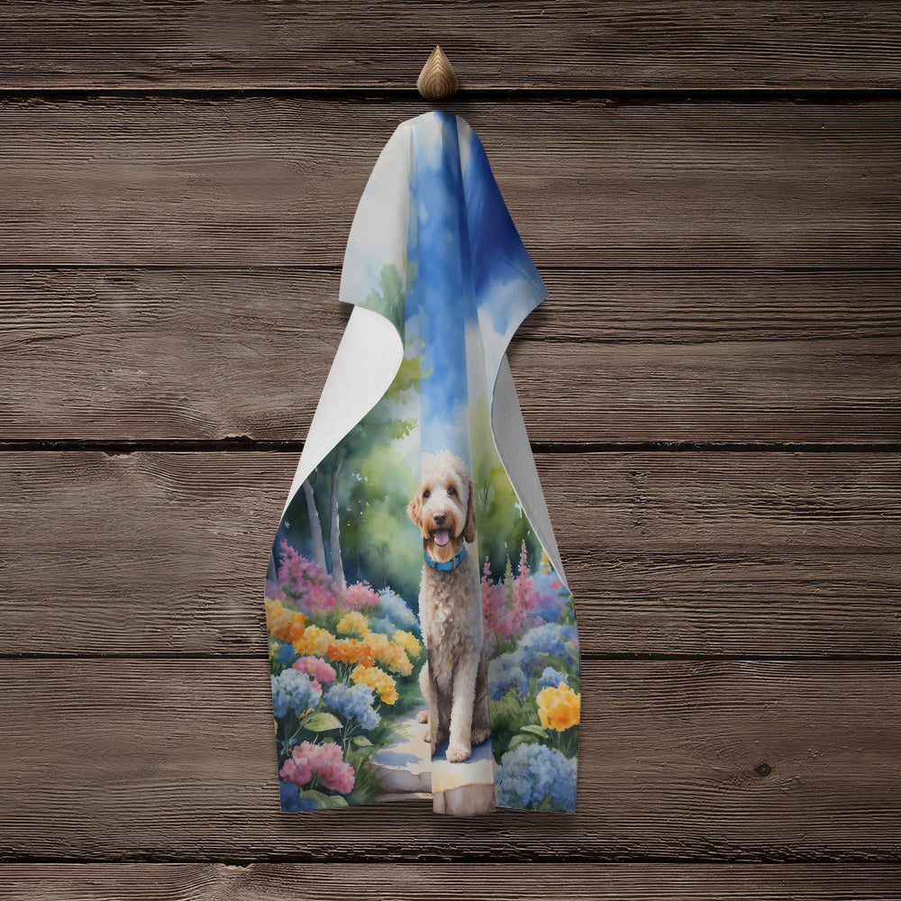 Labradoodle Spring Path Kitchen Towel Velour Plush Front and Cotton Loop Back Machine Washable
